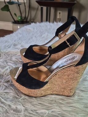 Jimmy Choo Navy Suede Cork Platform Wedge Sandals